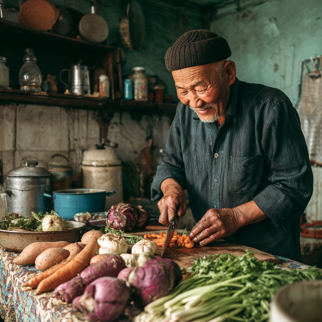 Smiling middle-aged Kazakh woman holding a bowl of healthy colorful salad in a bright kitchen
