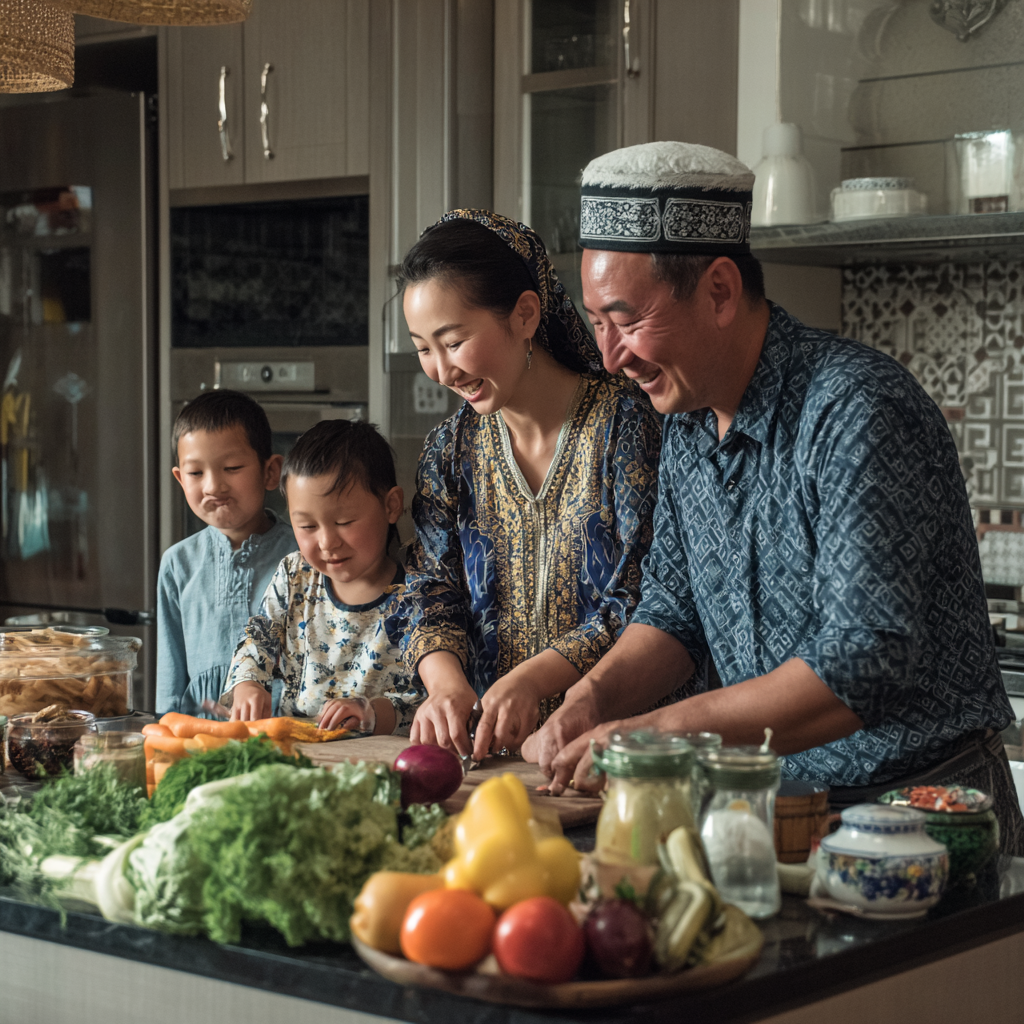 Happy elderly Kazakh man preparing fresh vegetables in his home kitchen
